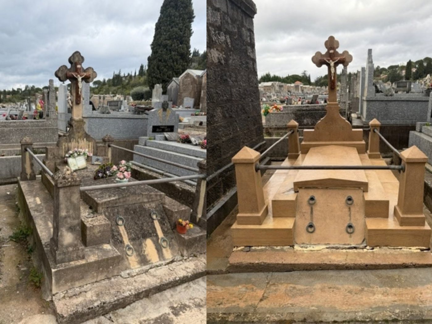 Avant et après l’entretien d’un monument ancien avec croix et entourage en pierre