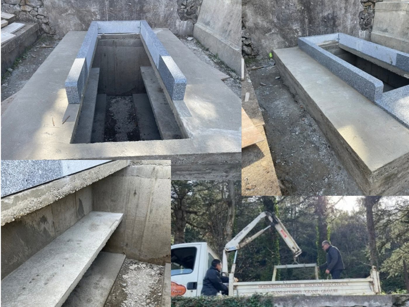 Étapes de fabrication et de pose d’un monument funéraire, du soubassement à la mise en place